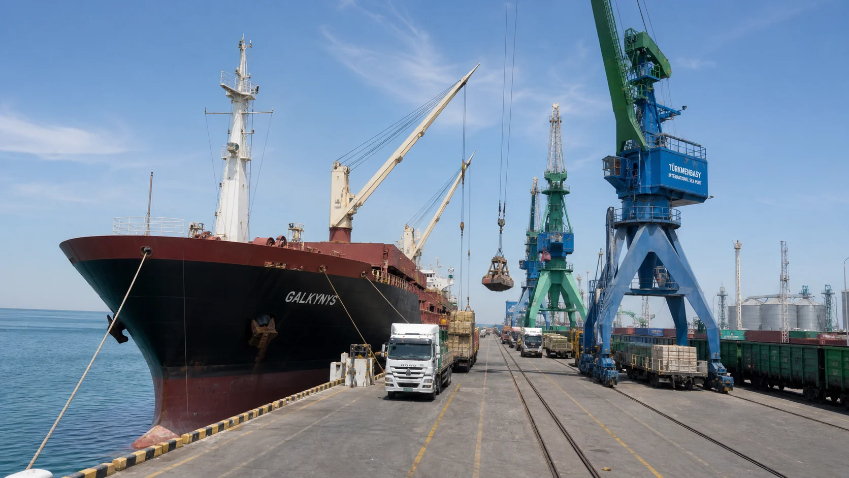 Turkmenistan agricultural exports infrastructure Turkmenbashi port cargo facility on the Caspian Sea