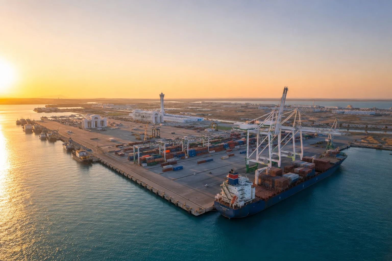 Turkmenistan textile exports — aerial view of Turkmenbashi International Seaport with cargo containers ready for