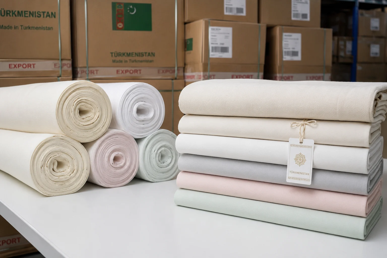 Turkmenistan textile exports — neatly packaged bolts of finished cotton fabric ready for international shipment