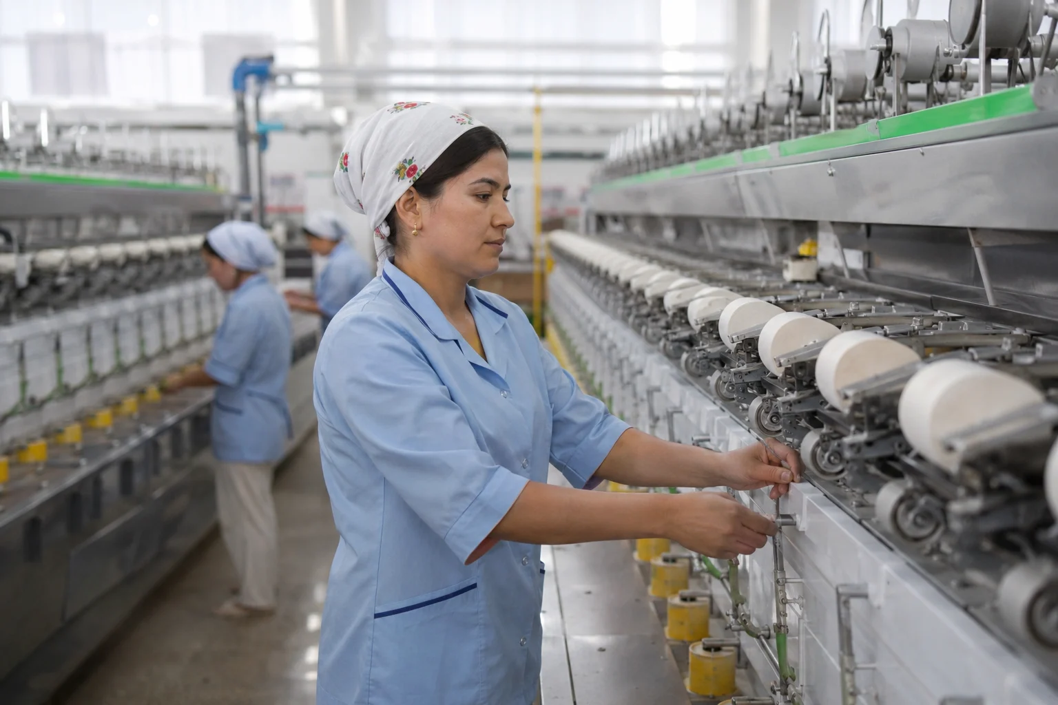Turkmenistan textile exports — workers at a modern textile factory in Ashgabat