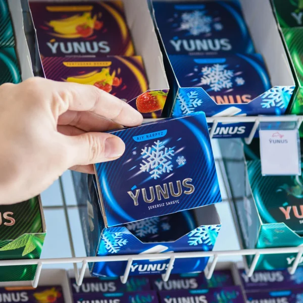 Yunus chewing gum blisters on the market shelf
